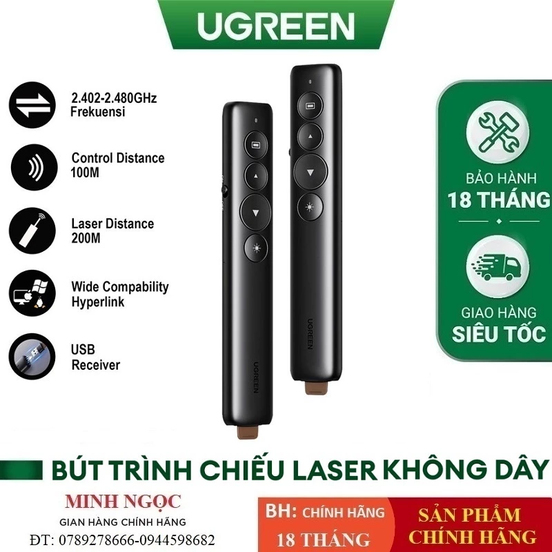 Bút trình chiếu Laser không dây chính hãng Ugreen 50654 cao cấp (Led đỏ, chiếu xa 200M)