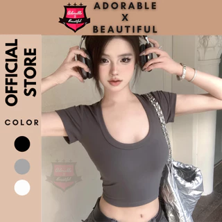 [Có Sẵn] Áo Thun Cổ Tròn Tay Ngắn Basic Chất Thun, Áo Tay Ngắn Croptop Đen Xám Trắng Viền Cổ [adorablexbeautiful]