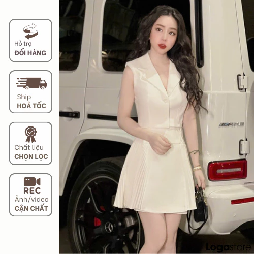 Set sát nách croptop kèm chân váy xếp ly, set vest 2 chi tiết màu trắng đen năng động, trẻ trung Loga store - L173