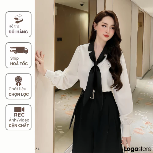 Set áo lụa m và quần ống rộng đen công sở thanh lịch, set đồ nữ, áo lụa cổ đen dài tay mix quần ống suông Logastore_L654