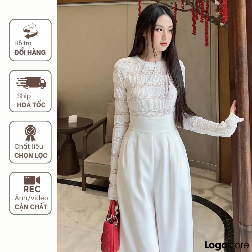 Set đồ nữ sang chảnh màu trắng, set áo ren dài tay quần ống rộng màu trắng công sở thanh lịch, set bộ nữ Loga store_L826