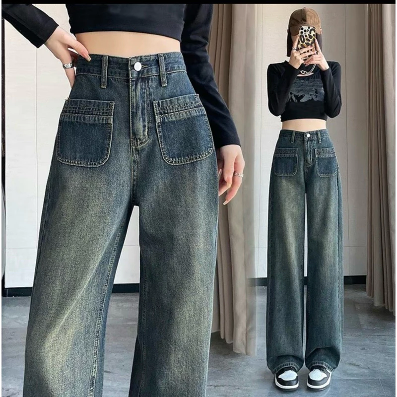 Quần Bò Jeans Nữ Ống Rộng Dáng Suông Cạp Cao Màu Xanh Retro Mix Túi Hộp Trước Hách Dáng Cực Đỉnh Phong Cách Basic