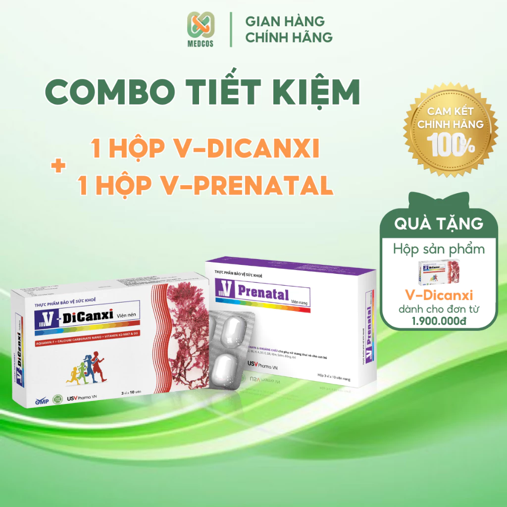 Combo 1 hộp V-Dicanxi + 1 hộp V-Prenatal bổ sung vitamin khoáng chất, cung cấp canxi hiệu quả cho bà bầu | MEDCOS