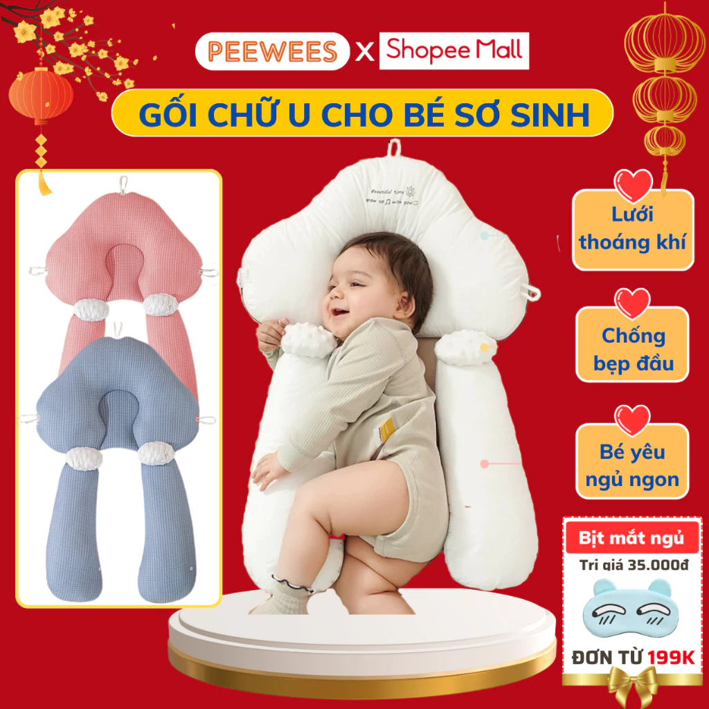 Gối chữ U cho bé sơ sinh , chống giật mình chống méo đầu, có dây rút điều chỉnh 3 đầu giúp bé sơ sinh ngủ ngon