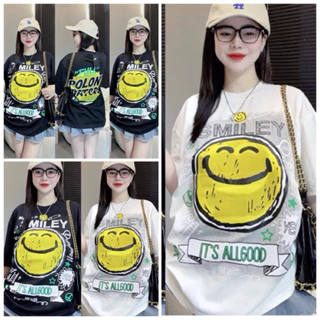 Áo Thun Nữ Tay Lỡ Chất Cotton Khô In 2 Mặt Chữ SMILEY Phong Cách Hàn Quốc. Áo Phông Form Oversize Chất Mịn Không Xù