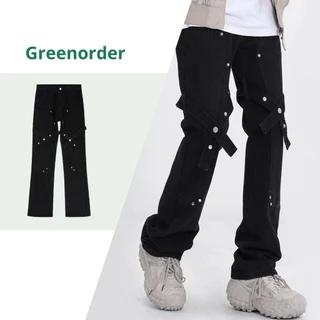 Quần jean unisex form suông loe nhẹ hoạ tiết dây đai phong cách bụi bặm