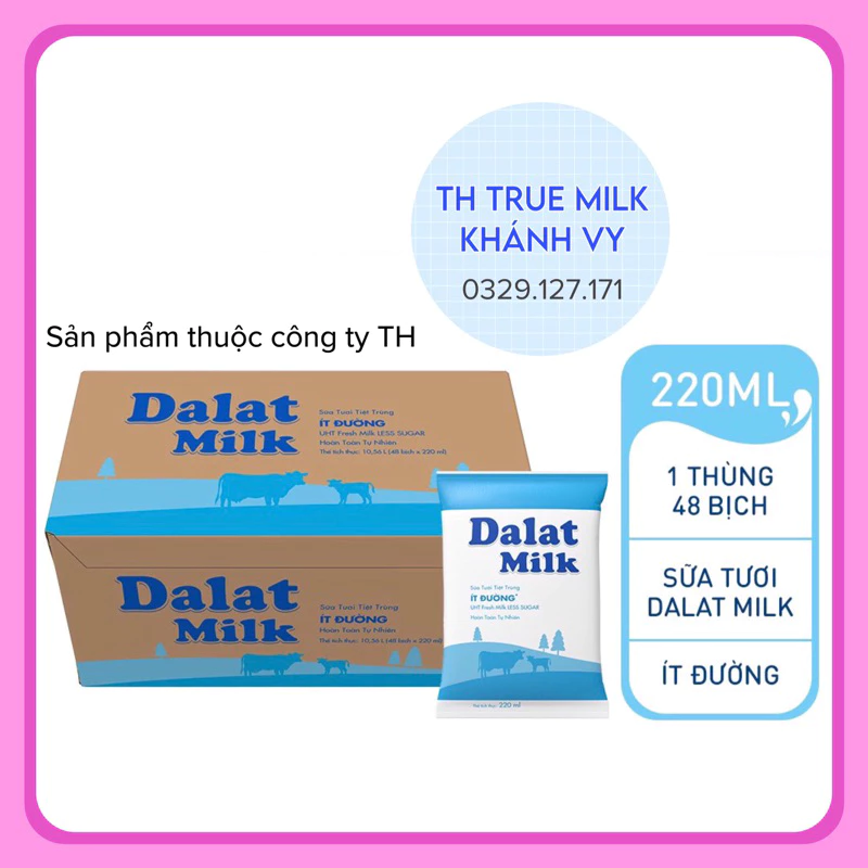 Thùng 48 bịch Sữa Dalatmilk 220ml (không đường/ ít đường/ có đường)