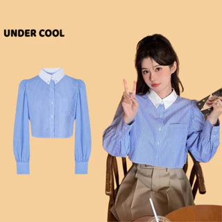 Áo Sơ Mi Nữ Dáng Ngắn Tay Bồng UNDERCOOL Sọc Xanh Croptop Phối Cổ Sơ Mi Trắng