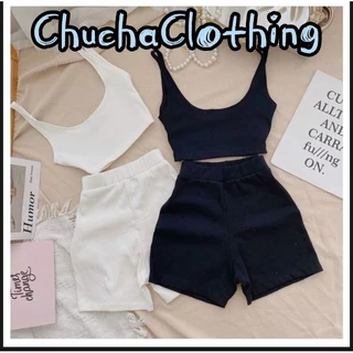 Sét bộ Gân ôm sát legging đùi kèm áo hai dây trơn basic-chuchaclothing