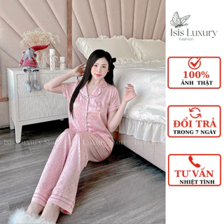 Bộ pijama nữ áo cộc quần dài họa tiết chữ chất lụa latin trơn cao cấp nhiều màu Isis Luxury IS01