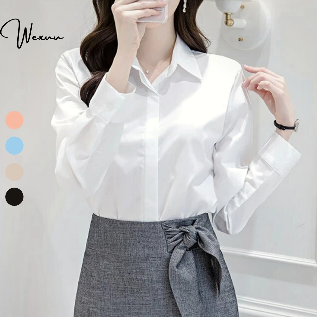 Áo Sơ Mi Nữ Trắng Dáng Suông Công Sở Wexuu Design, áo kiểu giấu cúc dáng basic dễ phối đồ - SM01