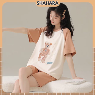 Đồ Ngủ Nữ Cổ Tròn Chất Liệu Cotton Tháng Mát  Họa Tiết Gấu Đáng Yêu, Pijama Nữ Quần Đùi Cộc Tay 2009