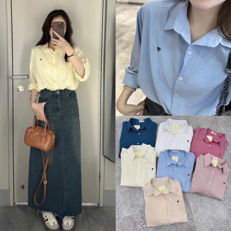 (ẢNH OLDSCHOOL) Áo sơ mi thô tay dài thêu TRÁI TIM BÊN LỀ HQ
