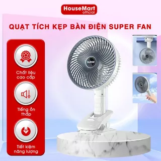 Quạt Mini Kẹp Bàn Tích Điện SUPER, Quạt Tích Điện Để Bàn 3 Tốc Độ Gió Siêu Mát, Xoay 180 Độ ,Có Giá Đỡ Điện Thoại