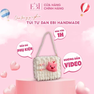 Túi tự đan EBI HANDMADE len bông bi mềm mịn form vuông nhỏ gắn bông hoa 5 cánh và mix charm đa dạng dễ thương - ES164