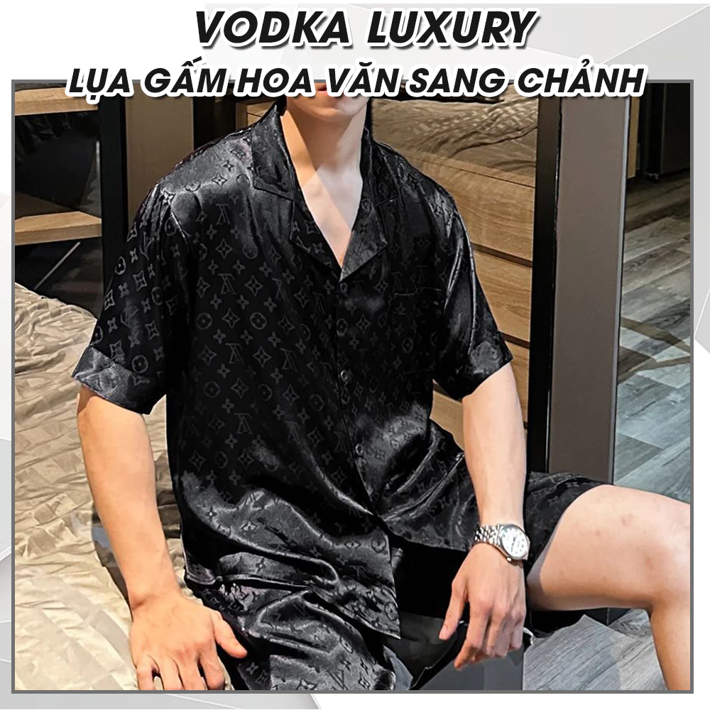 Đồ ngủ nam cộc pijama nam mùa hè lụa gấm hoa văn in chim màu đen sang chảnh LV04 - Vodka Luxury