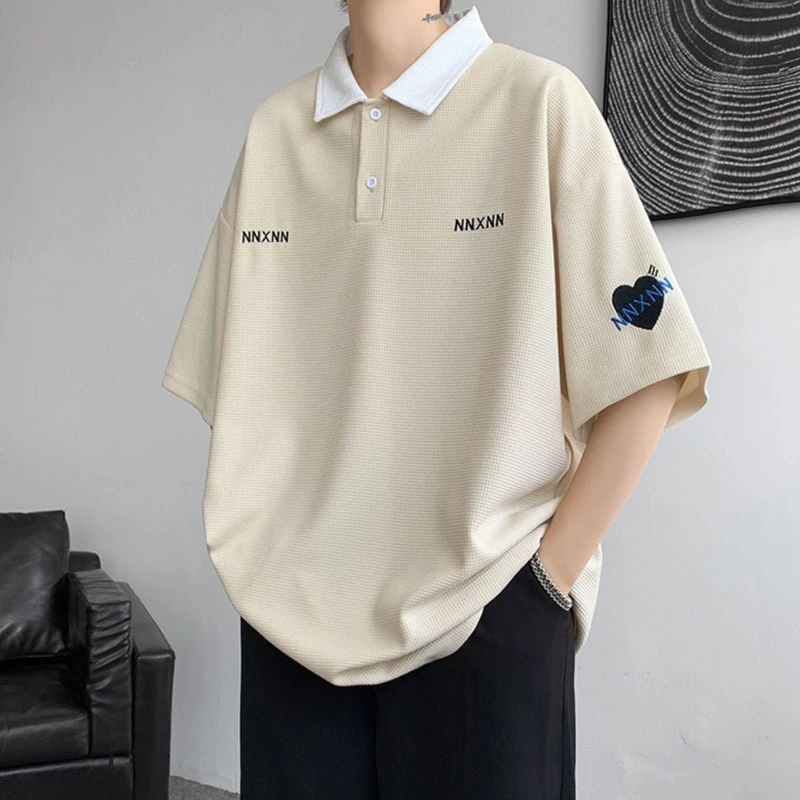 Áo Polo nam nữ FKZ Unisex oversize tay lỡ form rộng hình thêu trái tim NNXNN bền đẹp chất liệt cotton tổ ong cao cấp