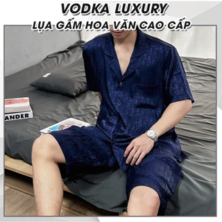 Đồ ngủ pijama nam cộc tay chất lụa gấm cao cấp hoạ tiết màu xanh sang chảnh D02 - VODKA LUXURY