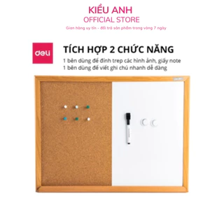 Bảng ghim gỗ bần viền gỗ kết hợp bảng trắng Deli, treo ảnh, trang trí, bảng thông tin văn phòng - 8750/8753 chính hãng