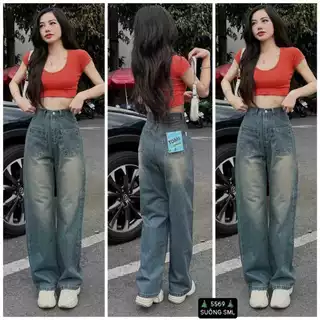 Quần jean nữ ống suông rộng Tulips cạp cao ôm eo màu RETRO, quần bò jeans dáng dài ống rộng phong cách Ulzzang(5569)