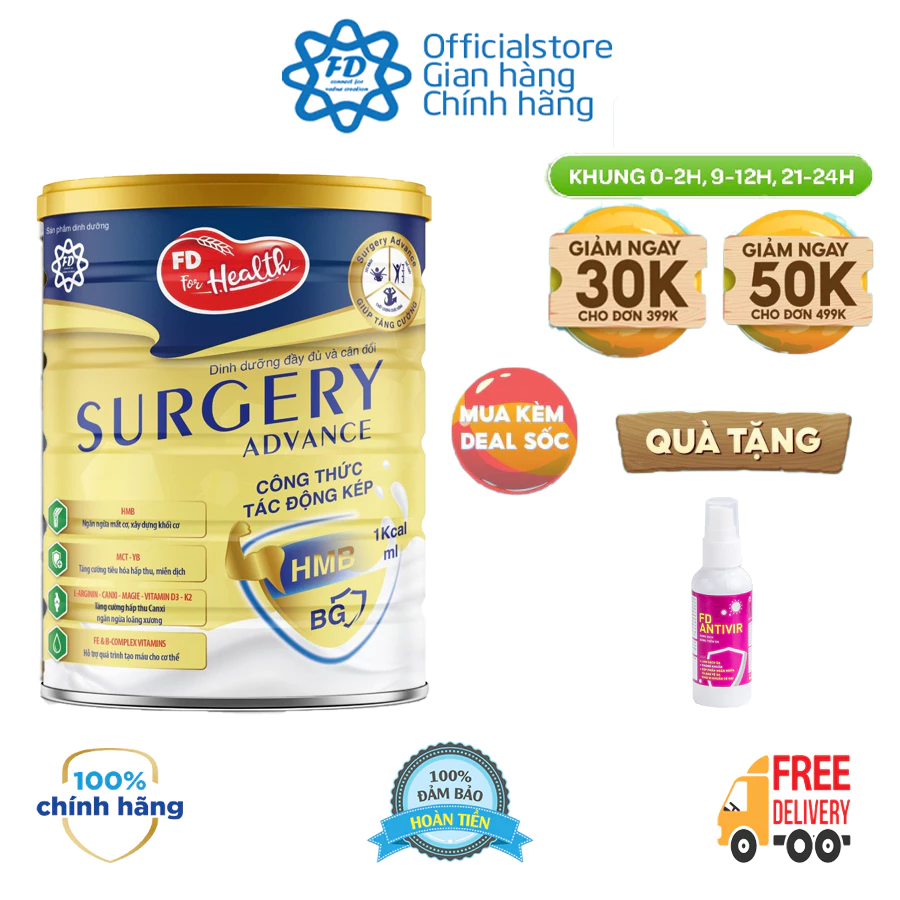 Sữa bột FD FOR HEALTH dinh dưỡng toàn diện cân đối cho người ốm bệnh và sau phẫu thuật SURGERY ADVANCE 400g