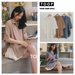 Áo sơ mi nữ cộc tay 3 mầu rút eo phom to rọng kiểu dáng hàn quốc ulzzang ,áo sơ mi tiểu thư -TOOP