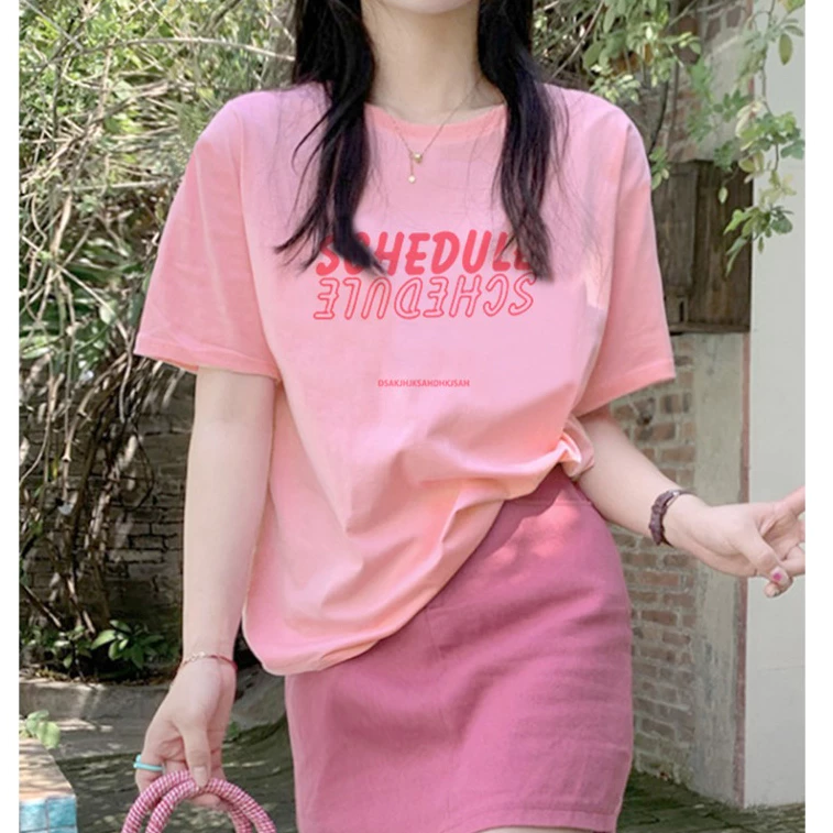 Áo thun nữ form rộng giấu quần, áo phông nữ mùa hè cotton 100% mềm mịn, thoáng mát, in chữ SHEDULE