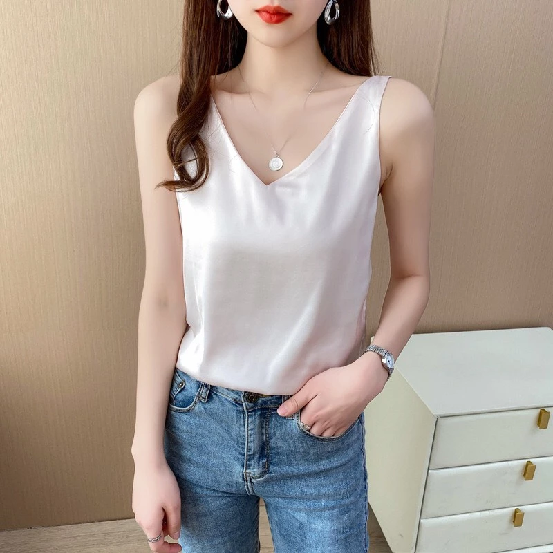 Áo hai dây lụa cổ tim mặc trong vest, blazer xinh xắn chất lụa cao cấp mềm mịn, thoáng mát, Taman Fashion