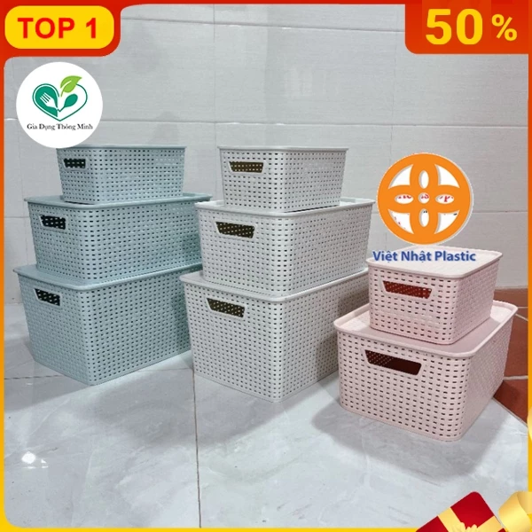 Giỏ Nhựa Có Nắp 3 Size Việt Nhật - Giỏ Đựng Đồ Đa Năng Tiết Kiệm Không Gian Nhà Bếp, Phòng Khách