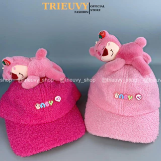 [2-6 tuổi 50-52cm] Mũ kết trẻ em gắn gấu hồng lotso nằm, nón chống nắng cho bé trai/bé gái chất lông dày dặn - TRIEUVY