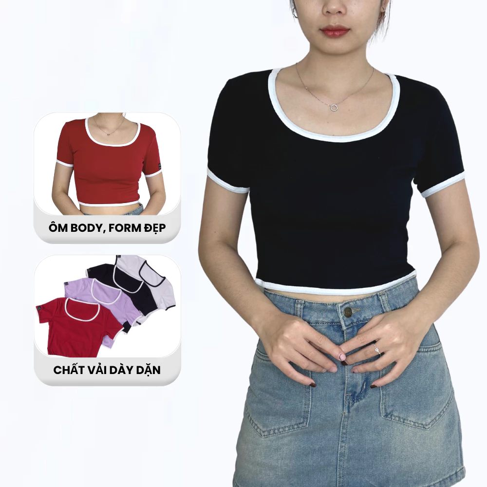 Áo Thun Croptop Body Ngắn Tay Cổ Vuông Viền Madela Vải Thun Co Giãn, Croptop Cổ Vuông Tay Ngắn Phối Viền - ACTN02