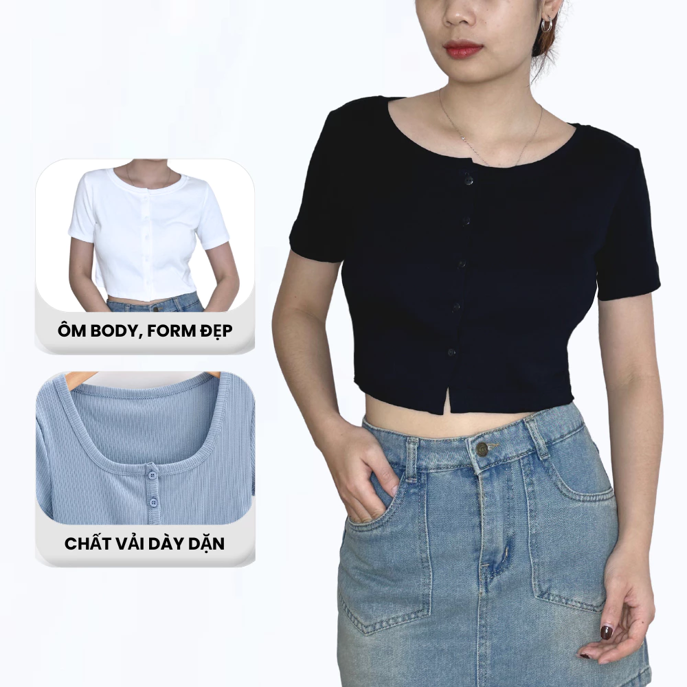 Áo Thun Croptop Ngắn Tay Nữ Mùa Hè Cổ Tròn Khuy Cúc Ôm Body Madela Vải Thun Co Giãn Mềm Mịn, Croptop Nữ Tay Ngắn Ôm Body