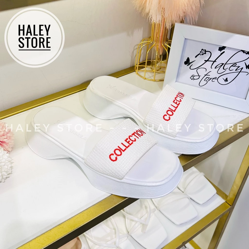 Dép bánh mì COLLEC chữ thêu đế xuồng HALEY STORE quai ngang nhẹ êm chân trẻ trung năng động đi chơi đi học