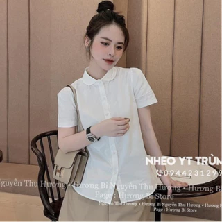 Áo sơ mi nữ cúc ngọc cổ sen tròn màu trắng tiểu thư dễ mix đồ