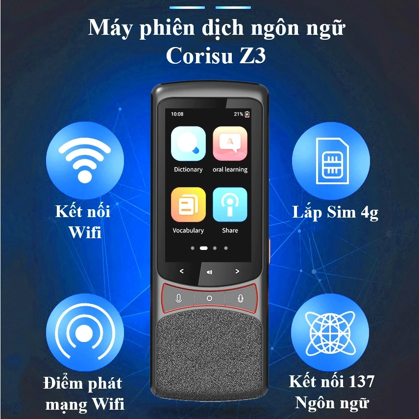 Máy phiên dịch thông minh Corisu Z3 dùng sim 4G, kết nối wifi, dịch offline 11 ngôn ngữ, hỗ trợ dịch giọng nói 2 chiều