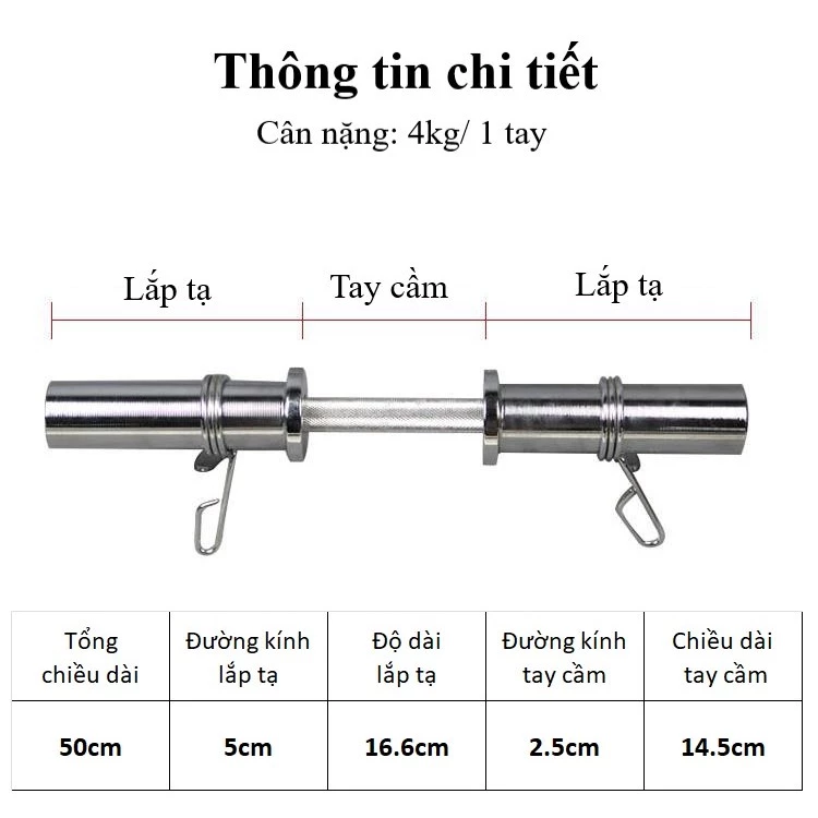 Tay đòn tạ đơn phi 50mm*50cm, thép đặc mạ inox + 2 khóa kẹp ( 1 tay)