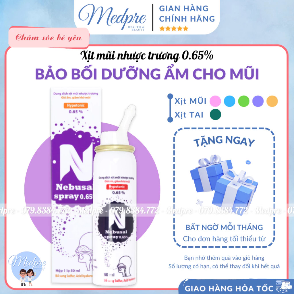 Dung dịch xịt mũi nhược trương Nebusal spray 0.65% - Cấp ẩm, giảm khô mũi, phục hồi tổn thương mũi sau mỗi đợt viêm mũi