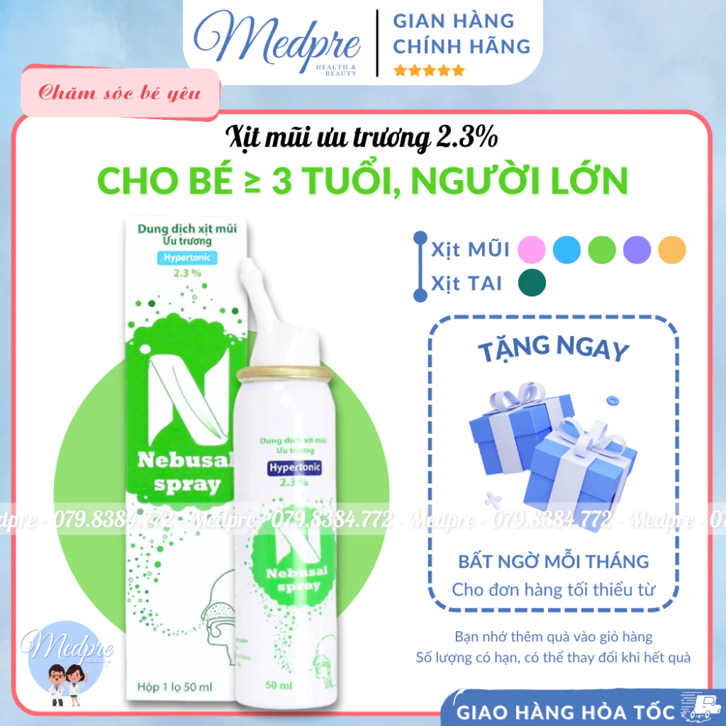 Dung dịch xịt mũi ưu trương Nebusal spray 2.3% - Giảm nghẹt mũi, sổ mũi ở trẻ em ≥ 3 tuổi và người lớn - Medpre