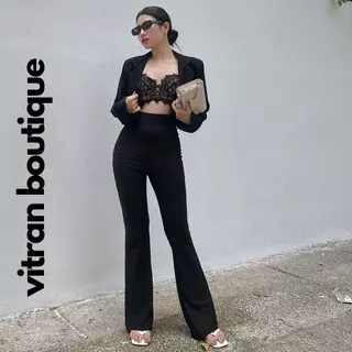 Quần Ống Loe Thun Tăm Lớn Nữ VITRAN BOUTIQUE Màu Đen