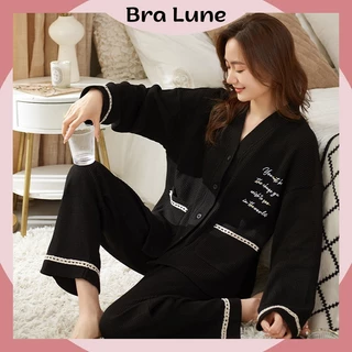 Bộ Đồ Ngủ Nữ Cotton Dài Tay Thoáng Khí, Đồ Ngủ Nữ Pyjamas Hoạt Tiết Chữ Thoáng Mát Mềm Mại 1059