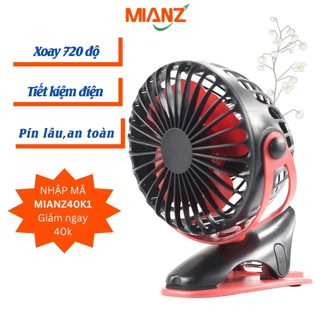 Quạt tích điện mini cầm tay để bàn - Mini fan quạt cho bé dùng pin tối đa đến 15h kẹp xoay 720 độ - Mianz Store