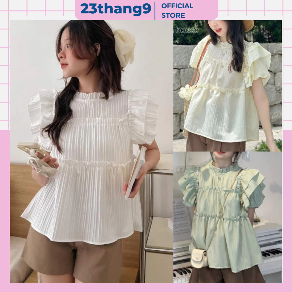 Áo babydoll , áo babydoll tay ngắn bồng vạt cánh tiên màu kem màu trắng chất đũi gân mềm mịn phong cách Hàn Quốc A244
