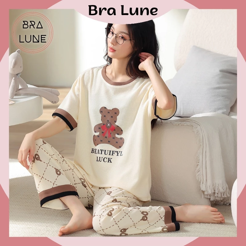 Bộ Đồ Ngủ Nữ Tay Ngắn Cotton BRALUNE, Đồ Ngủ Nữ Pyjama Họa Tiết Gấu PJ-2006