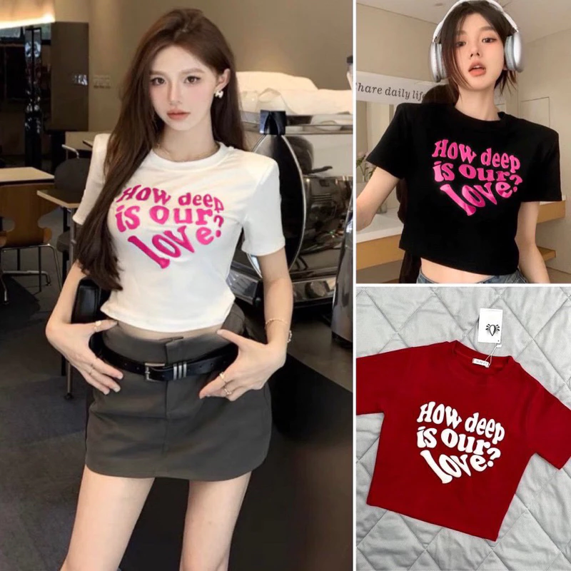 Áo Croptop Tay Ngắn Hoạ Tiết In Chữ Màu Hồng Love