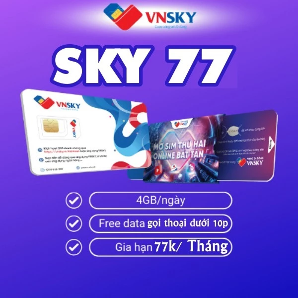 Sim 4g Mobifone vnsky  sky77 gói 4Gb/ngày (120Gb/tháng)  + Free gọi nội mạng