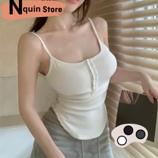 Áo hai dây nữ cổ U phối nút thiết kế vạt bầu tôn dáng, Áo croptop 2 dây ôm body sexy gợi cảm