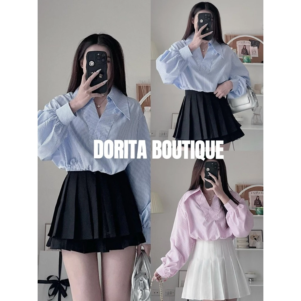 ÁO SƠ MI KẺ SỌC DÀI TAY CỔ V DÁNG CROPTOP SIÊU HOT DORITA BOUTIQUE