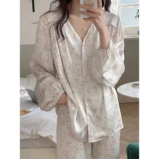 (Có Ảnh Thật) Bộ Ngủ / Mặc Nhà Pyjama Lụa Hoa Nhí Dài Tay Bo Taobao