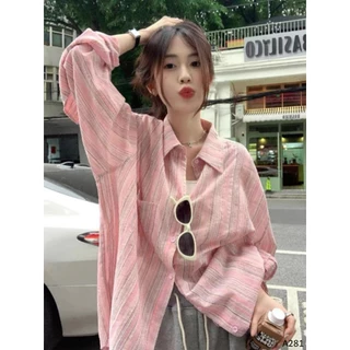 BARE_Áo kiểu nữ sơ mi dài tay kẻ sọc chất đũi nhều màu xinh pastel, áo somi phom rộng tay dài phong cách Hàn Quốc- A281