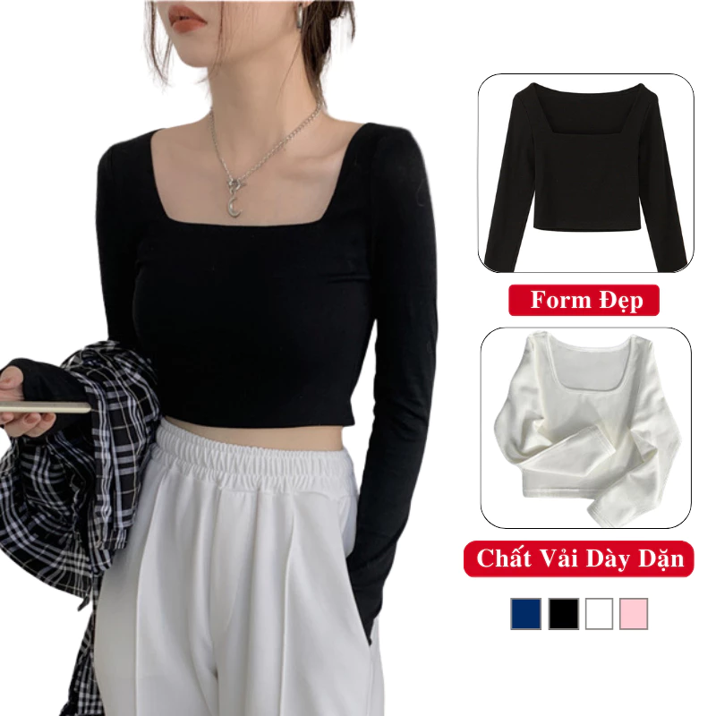 Áo Croptop Tay Dài Cổ Vuông Nữ Vải Thun Co Giãn Ôm Body Madela, Áo Thun Croptop Dài Tay Cổ Vuông